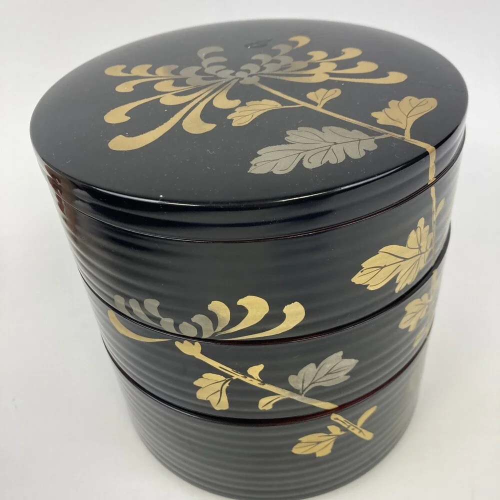 VTG Japan Round 3 Tier Floral Black Laquerware Plastic Trinket Box Lined